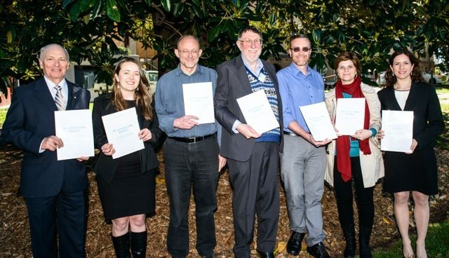 Charter Coalition (L to R): Ian Carroll, National Trust of Australia NSW; Holly Creenaune, Our Land Our Water Our Future; Jeff Angel,Total Environment Centre; Geoff Turnbull, Inner Sydney Regional Council for Social Development; Kevin Evans, National Parks Association of NSW; Corinne Fisher, Planning for People Community Charter Coalition and Better Planning Network; Kate Smolski, Nature Conservation Council of NSW