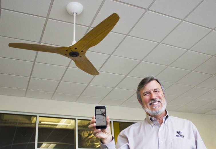 Big Ass Fans founder Carey Smith showing off the Nest-integrated fan