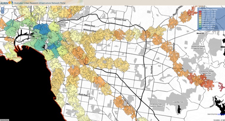 The AURIN Walkability Tool paints a picture of Melbourne’s most walkable neighbourhoods. Pictured: walkability at the metropolitan level