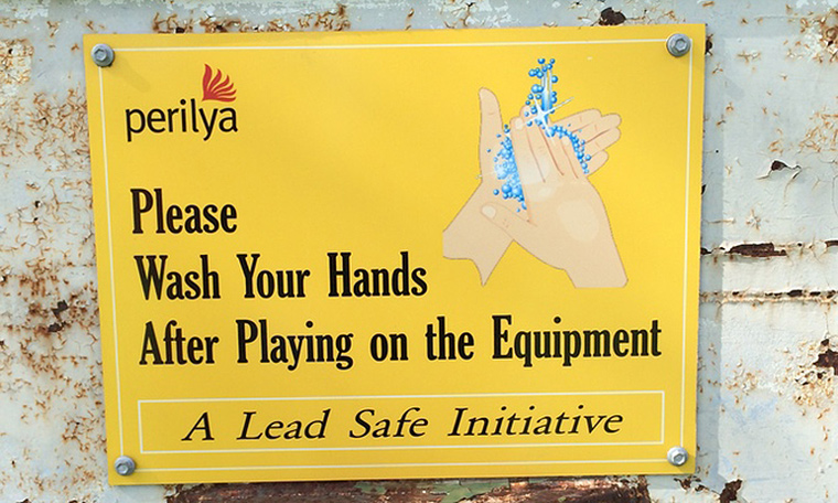 The new signage at Zinc Lakes urges children to wash their hands after play. Image: M Taylor