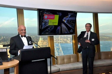 MC Ashak Nathwani, honorary associate senior lecturer Faculty of Architecture, Design & Planning, USyd with Dean Professor John Redmond looking on