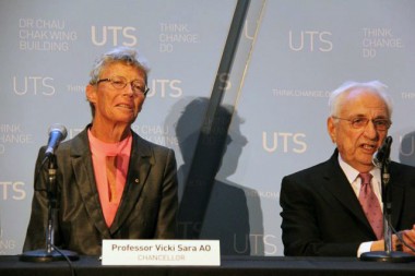 Chancellor VIcky Sara and architect Frank Gehry
