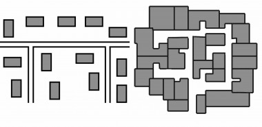 Fig. 1.5. Hot climates: inappropriate (left) and appropriate (right) spatial layouts for settlements. Organic, non-grid layouts provide shade and can be designed to block winds, preventing issues with wind funnelling. Grid layouts borrowed from other climates, and wide spacing of buildings, do not provide shade or wind shelter.