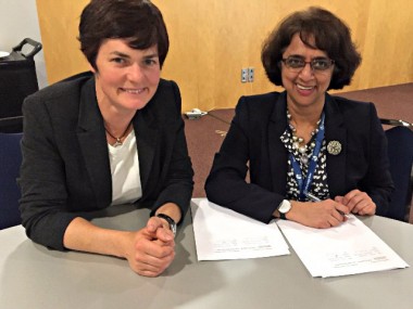 Dame Ellen MacArthur (left) with Dr Siva Kumari at the signing of an educational partnership with the International Baccalaureate.