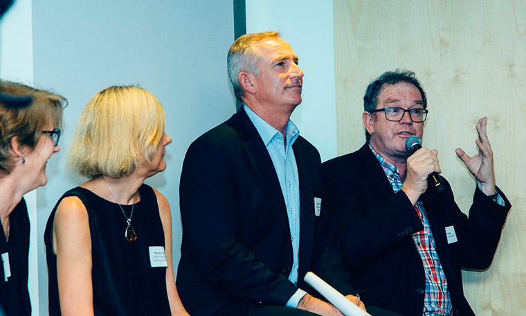 Professor Peter Phibbs (speaking) with panellists (L-R) Stephanie Barker, Greater Sydney Commission; Wendy Hayhurst, NSW Federation of Housing Associations; and Nigel Edgar, Frasers Property Australia.