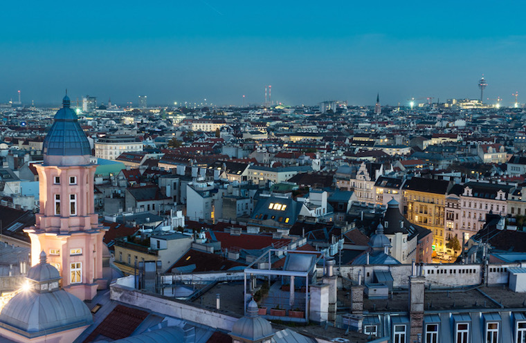 Vienna at night, high angle view of austrias capital city