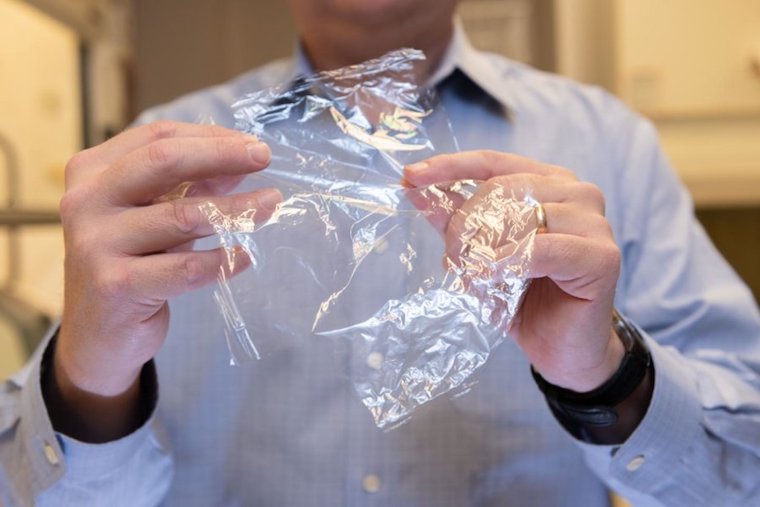 J. Carson Meredith, a professor in Georgia Tech's School of Chemical and Biomolecular Engineering, holds the new packaging material made from crab shell-sourced chitin and cellulose sourced from tree fibers. Credit: Allison Carter, Georgia Tech