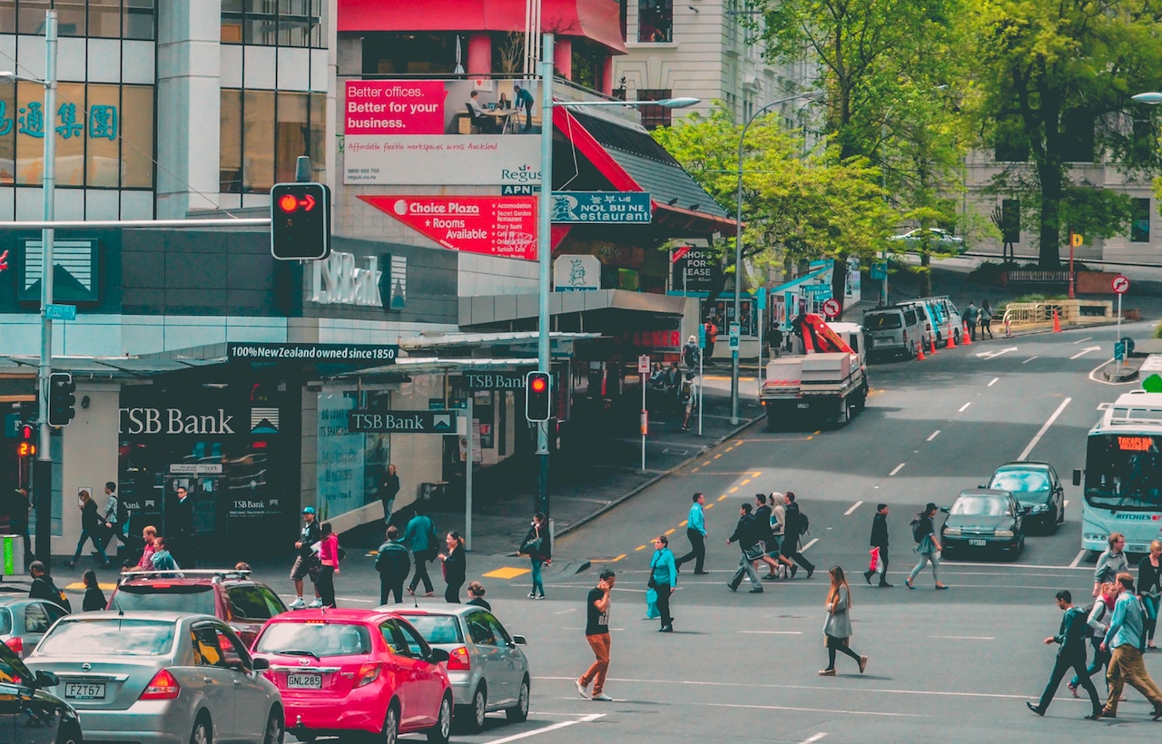 embodied carbon. Aukland CBD buildings people walking