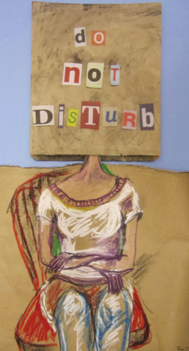 artwork of a woman with paper bag over her head saying do not disturb