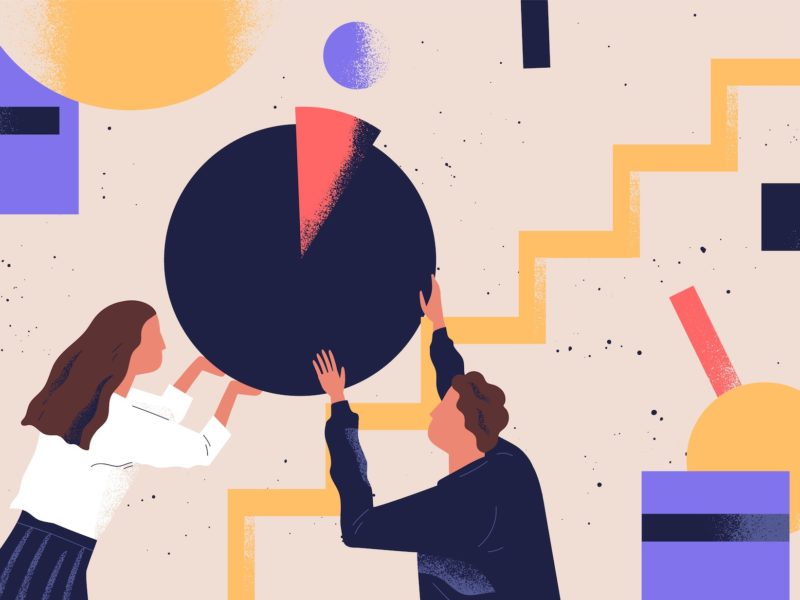 Man and woman organizing abstract geometric shapes. Pair of people holding round pie chart. Cute funny boy, girl and circular diagram. Colorful vector illustration in modern flat cartoon style