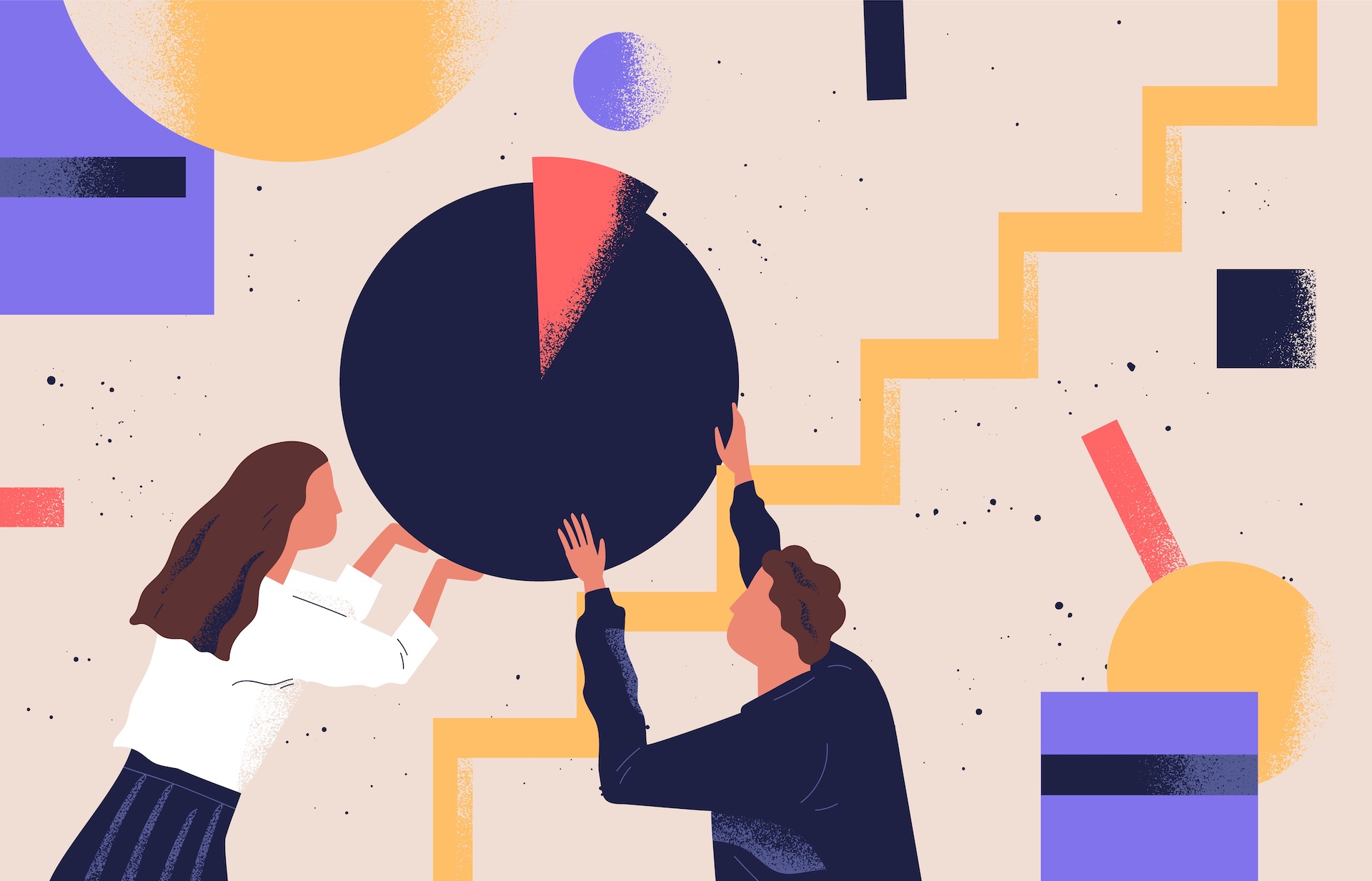 Man and woman organizing abstract geometric shapes. Pair of people holding round pie chart. Cute funny boy, girl and circular diagram. Colorful vector illustration in modern flat cartoon style