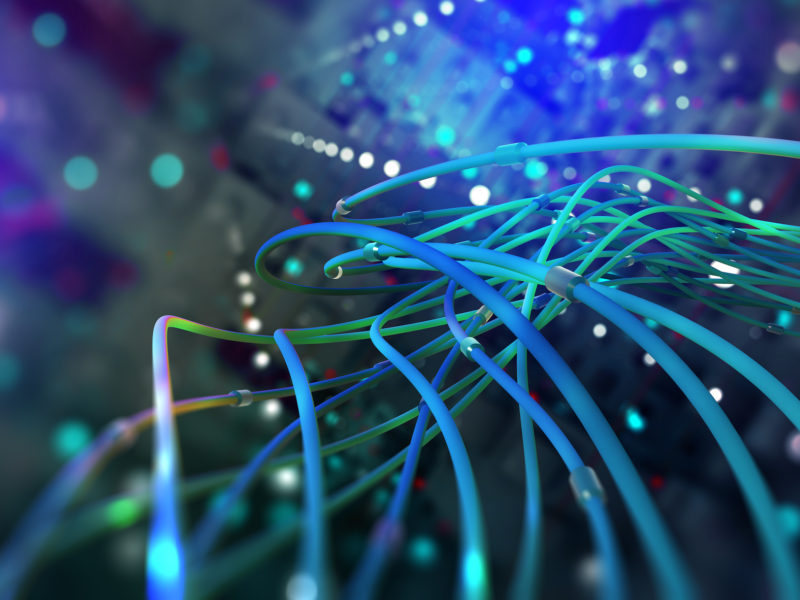 Digital technology. Web of global data. Network connections in the cyberspace of the future. 3D illustration of computer wires in an abstract, futuristic city