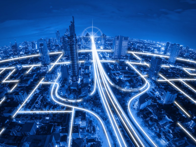 City scape and network connection concept, Blue tone.