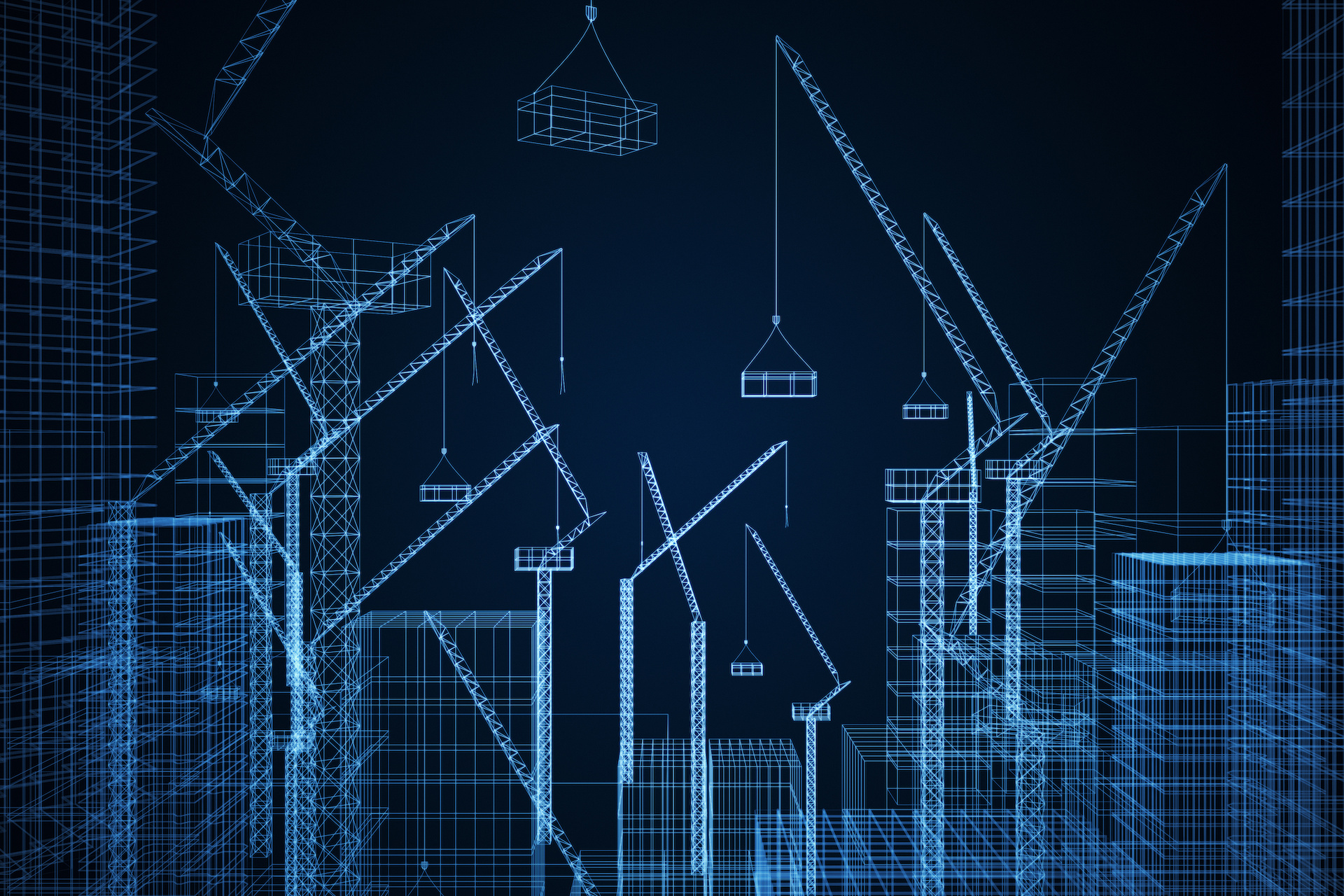 Creative digital construction drawing background with buildings and cranes. Engineering and design cocnept. 3D Rendering