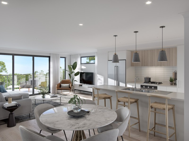 render of an kitchen and dining