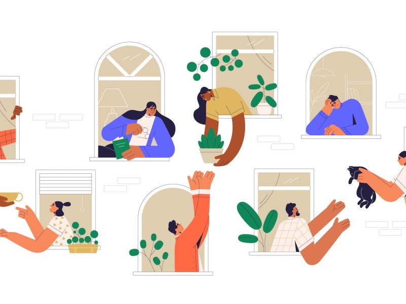 Neighbors sharing things and helping each other through open windows of house. Concept of good neighborhood, people's unity, mutual aid and support. Colored flat vector illustration isolated on white.