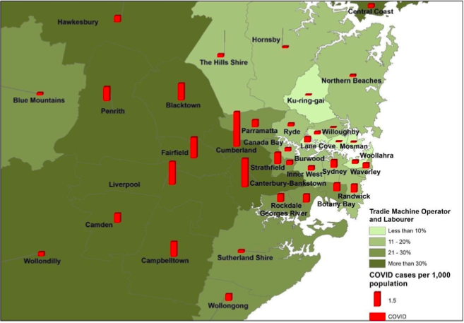 Map of COVID and manual labourers in Sydney