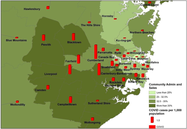Map of COVID and admin workers in Sydney
