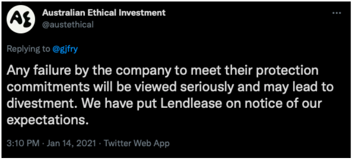 Australian ethical investment tweet
