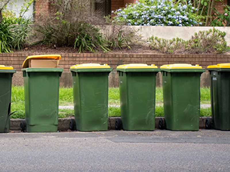 Australian garbage wheelie bins with yellow lids for recycling household waste lined up on the street kerbside for council rubbish collection.