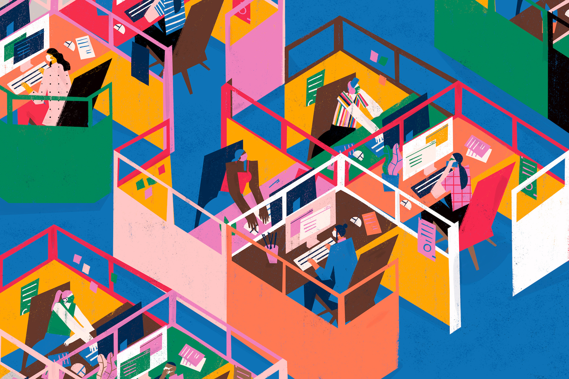 Social distance at workspace by cabin glass screens at office. Business people and coworkers keep safe distance. Colorful.