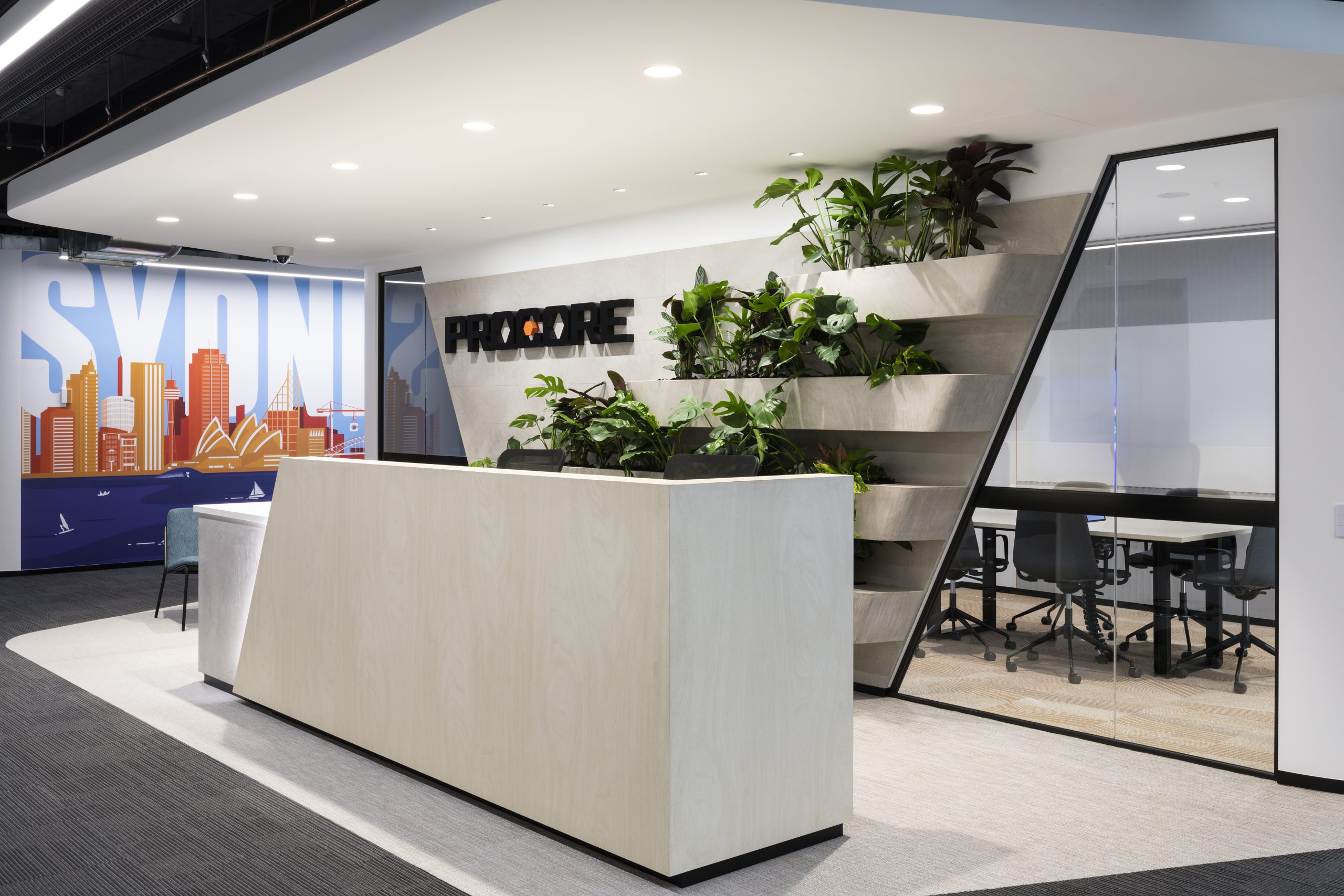 Light-filled modern office building with large windows