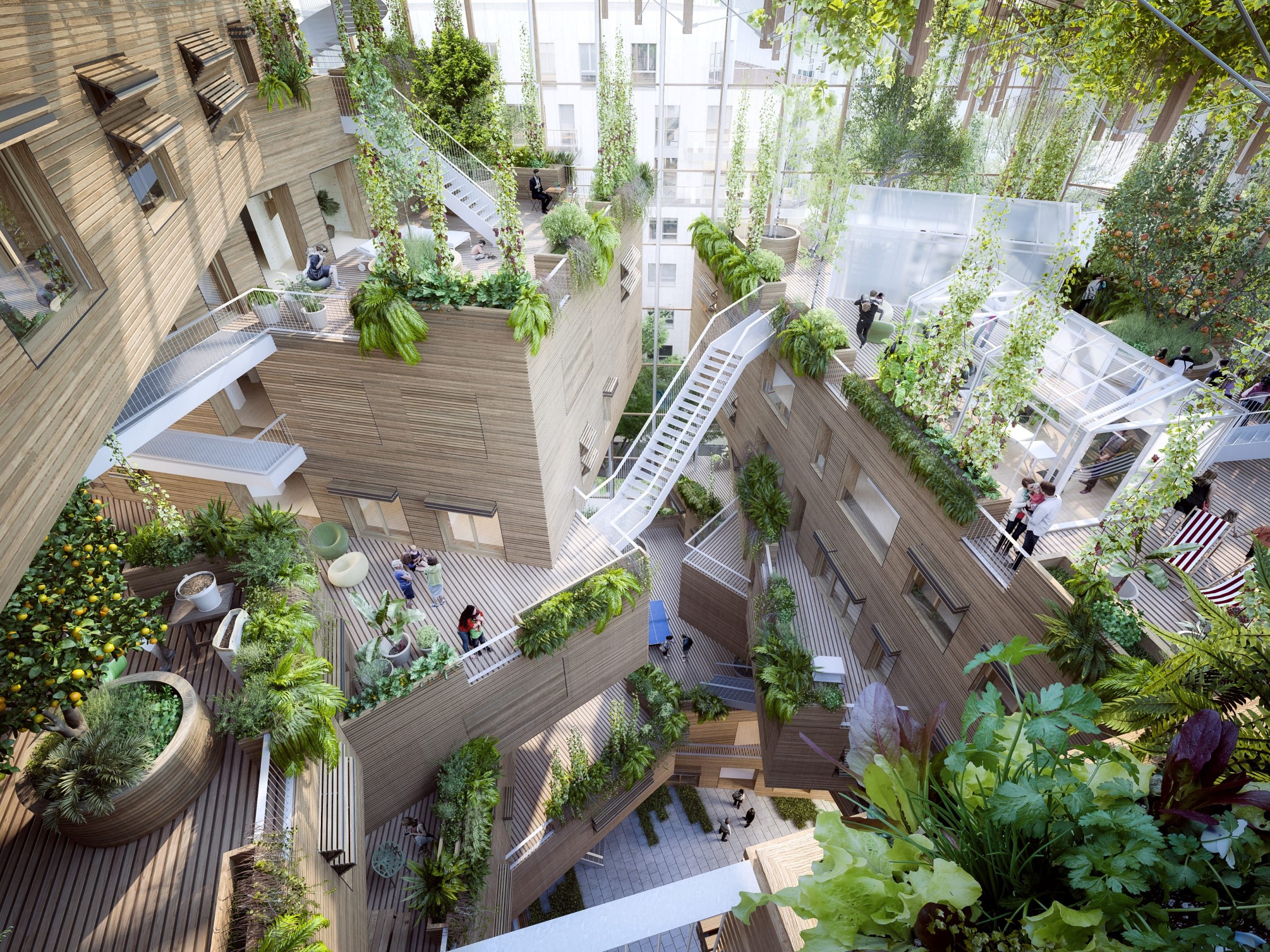 Internal atrium with gardens and shared spaces at La Serre in Paris designed by MVRDV