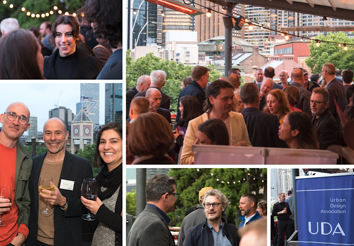 Collage of multiple images of people at a relaxed after work event, smiling and chatting. some are drinking wine