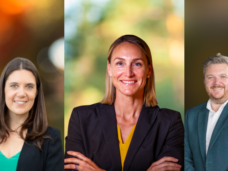 Three image collage. Left to Right: woman with long brown hair in green shirt smiling, woman with blonde hair in a ponytail wearing black blazer smiling, man in blue suit with short hair smiling. garden backdrop.