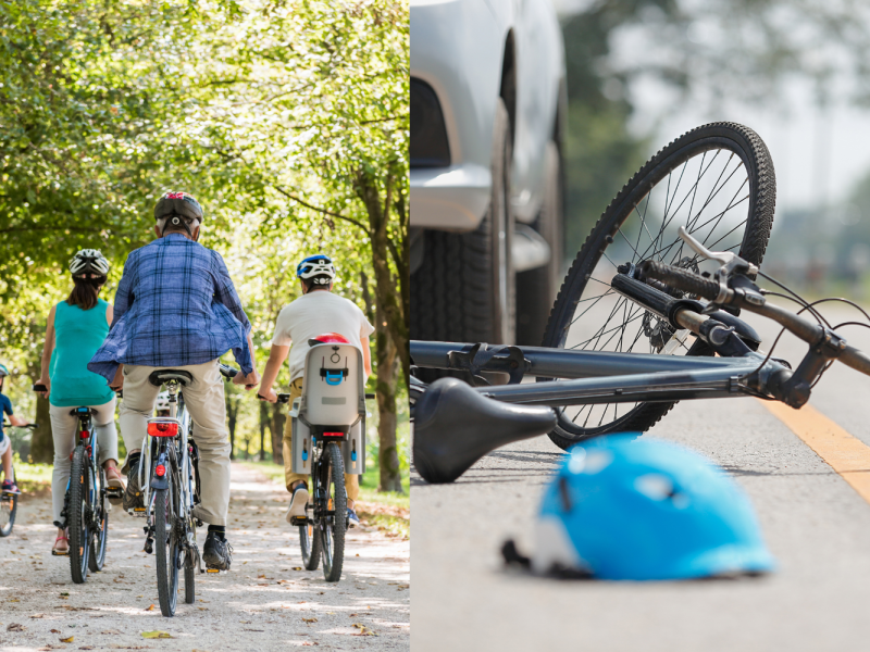two images, left is a family cycling through a park with helmets on. right is a bicycle lying on the ground having been hit by a car