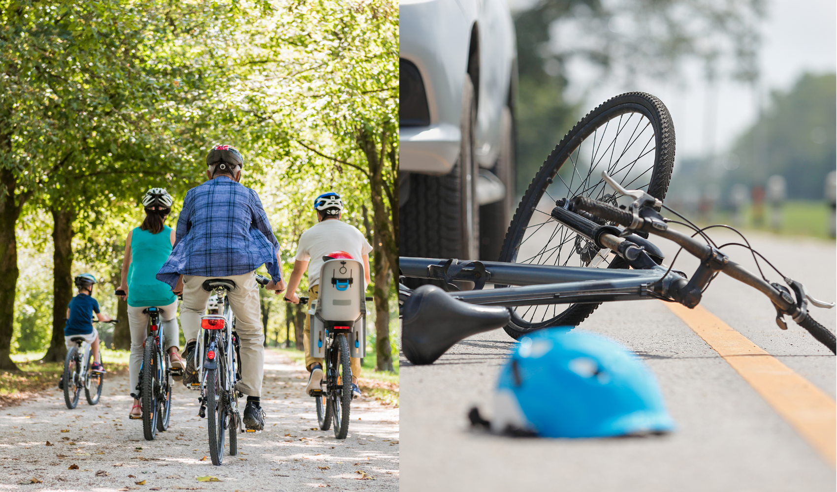 two images, left is a family cycling through a park with helmets on. right is a bicycle lying on the ground having been hit by a car