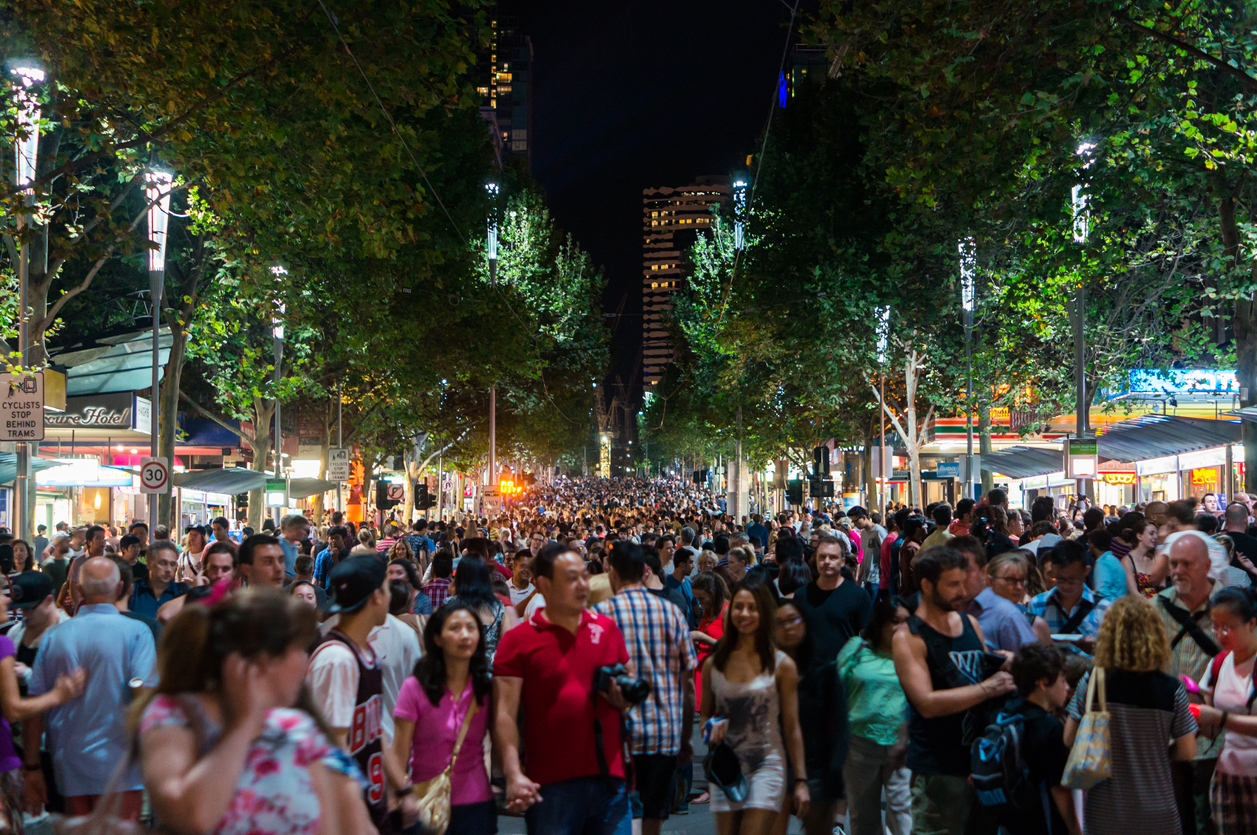 A crowd in Swanston Street