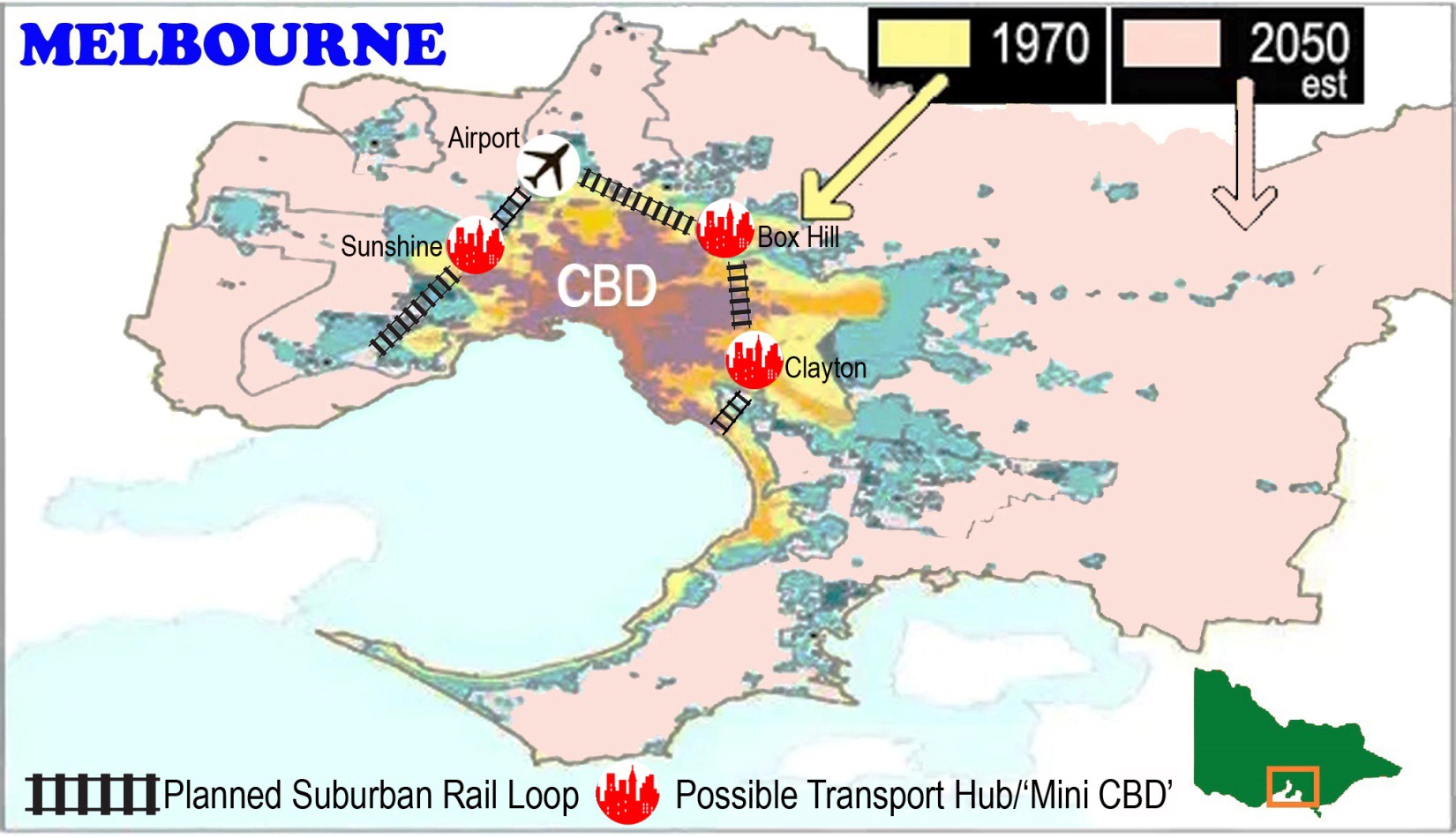 Already Australia’s most populous city, Melbourne has well-and-truly outgrown its CBD, and is in dire need of de-centralisation. IMAGE: Plan Melbourne 2017-50 (digitally-altered). 