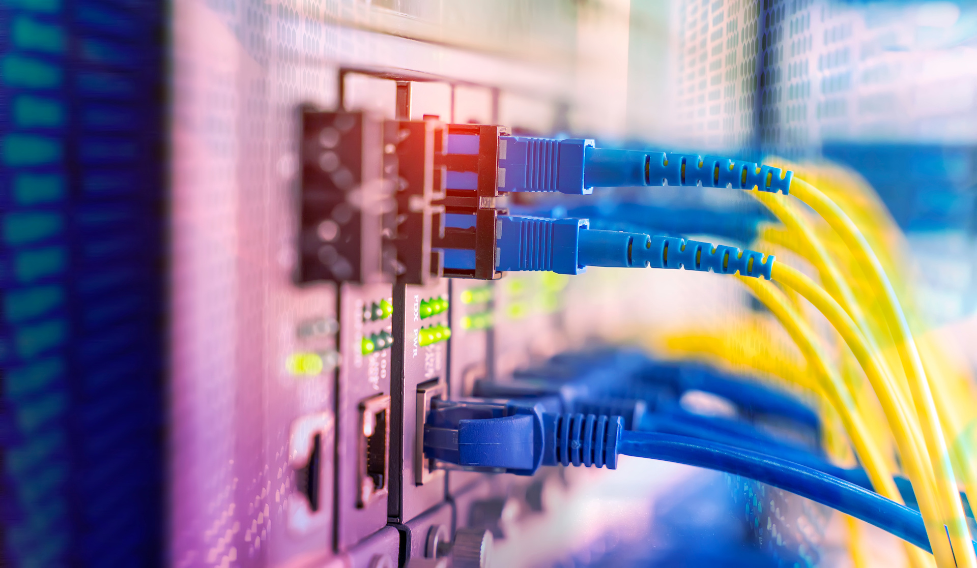 Fiber Optic cables connected to optic ports and UTP, Network cables connected to ethernet ports