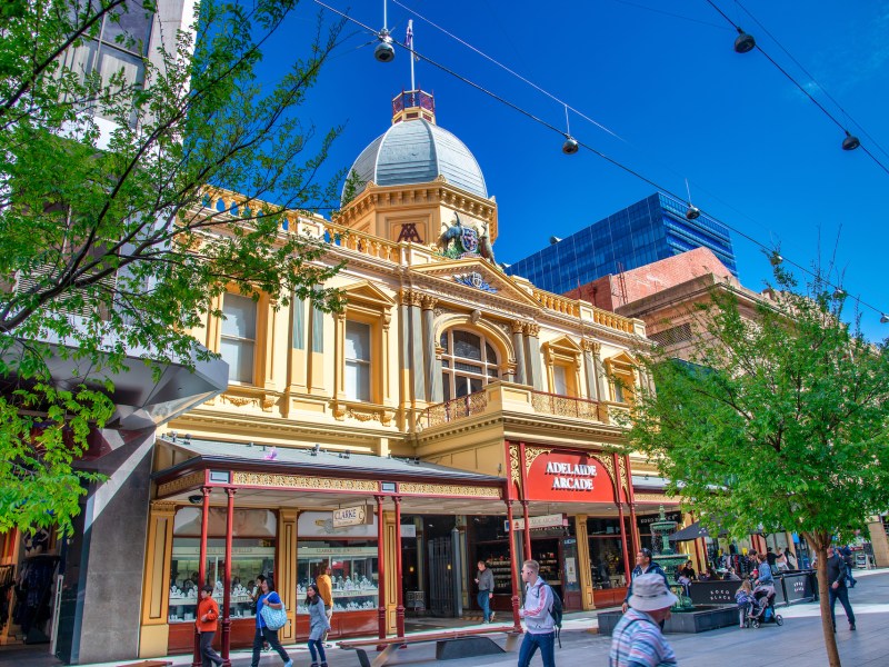 ADELAIDE, AUSTRALIA - SEPTEMBER 16, 2018: City streets and buildings on a sunny day