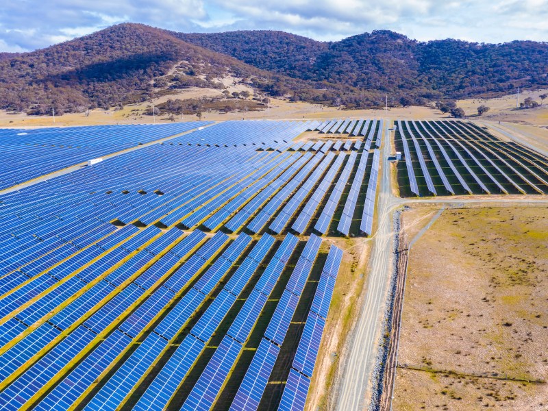 Aerial view of a large solar farm for renewable energy supply in Canberra, Australia