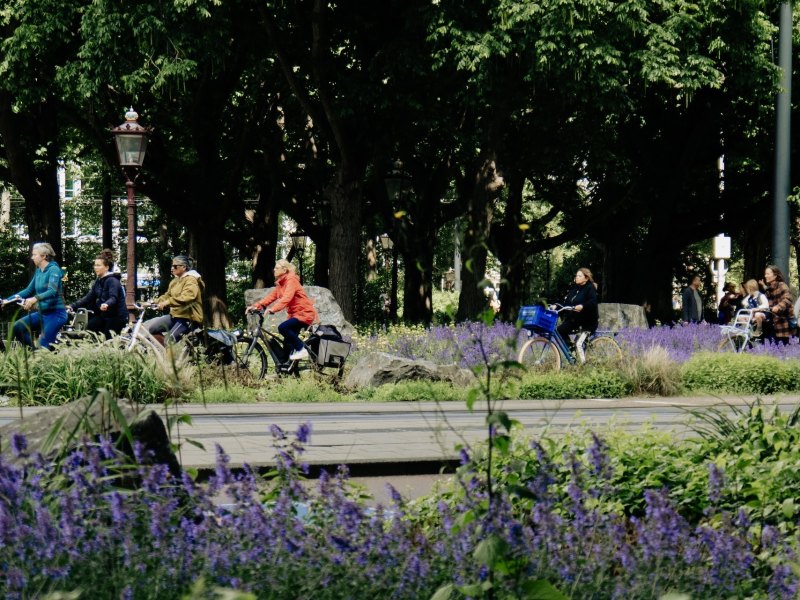 Various women riding on bikes through park in amsterdam