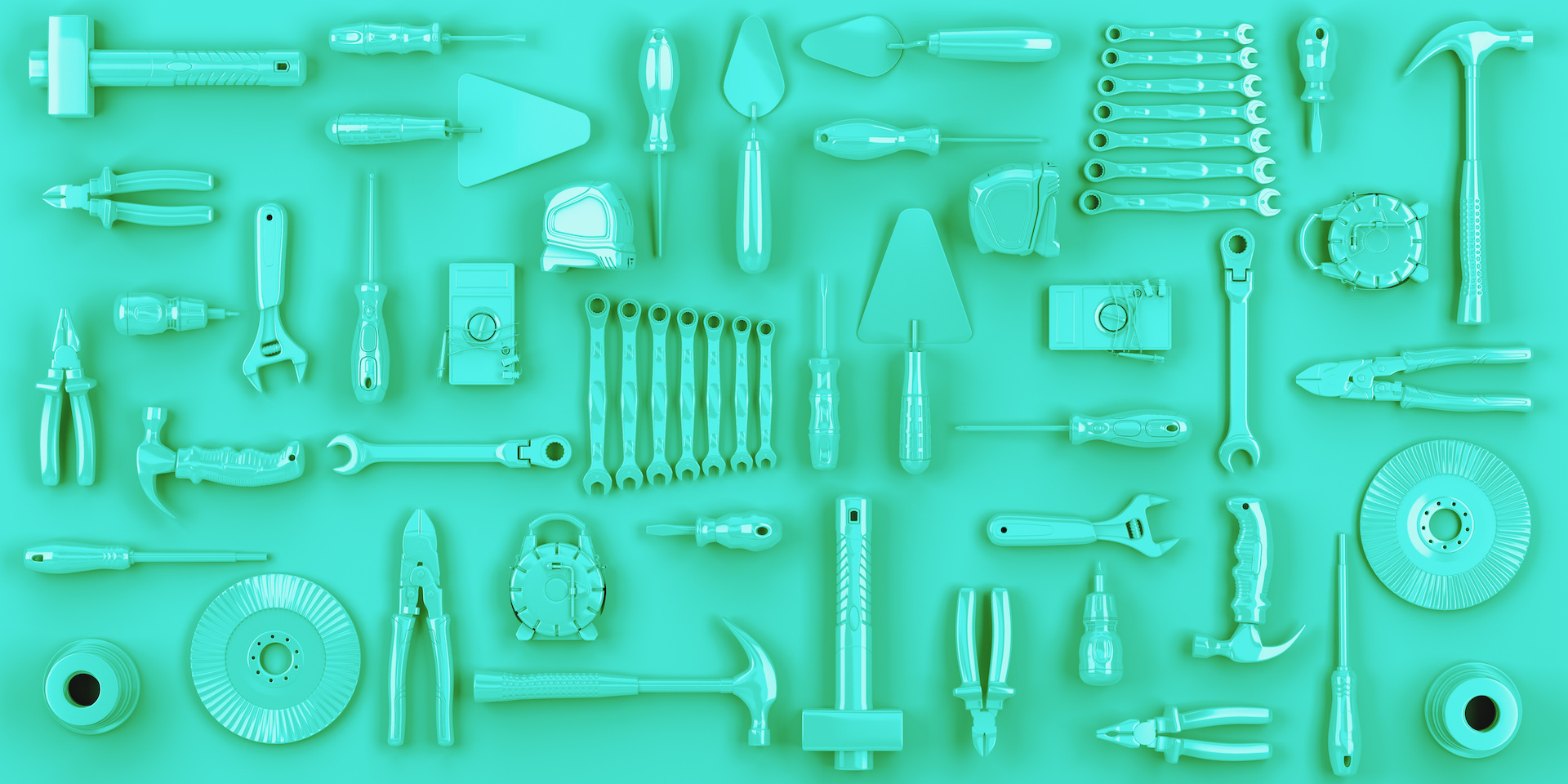 colored blue tools set background concept of repair tools warehouse promotion 3d render