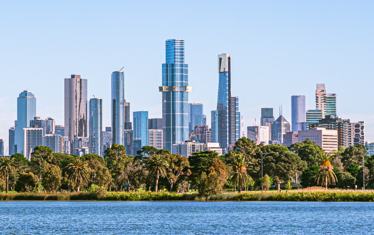 Melbourne cityscape with skyscrapers, blue sky and Yarra River.