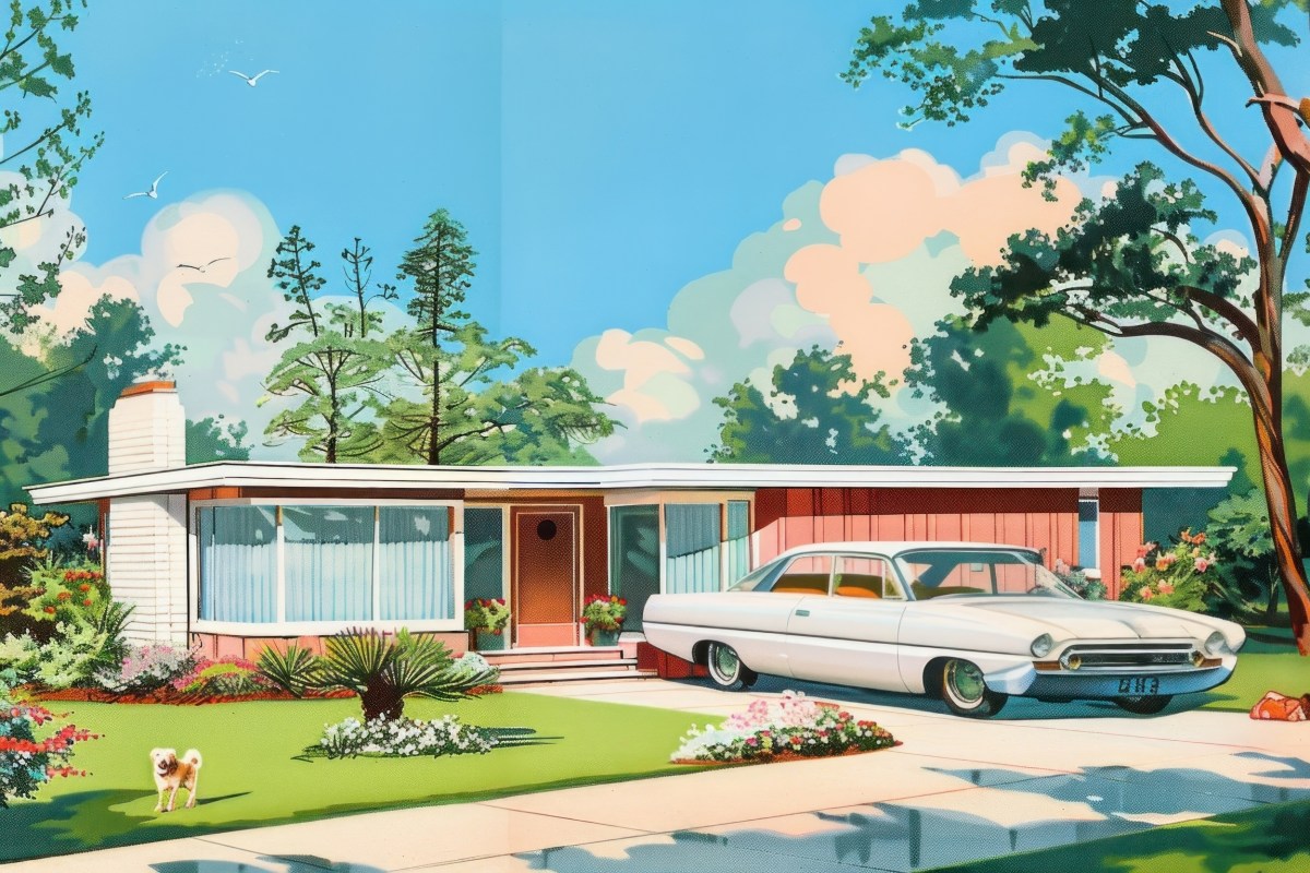 Vintage postcard illustration of a *50s style american mid century style house with a do