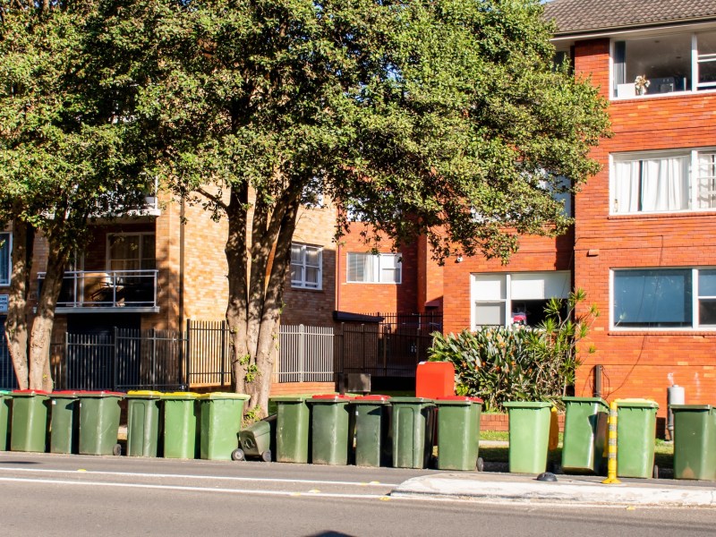 Australian garbage wheelie bins with colourful lids for general and green household waste lined up on the street kerbside for council rubbish collection