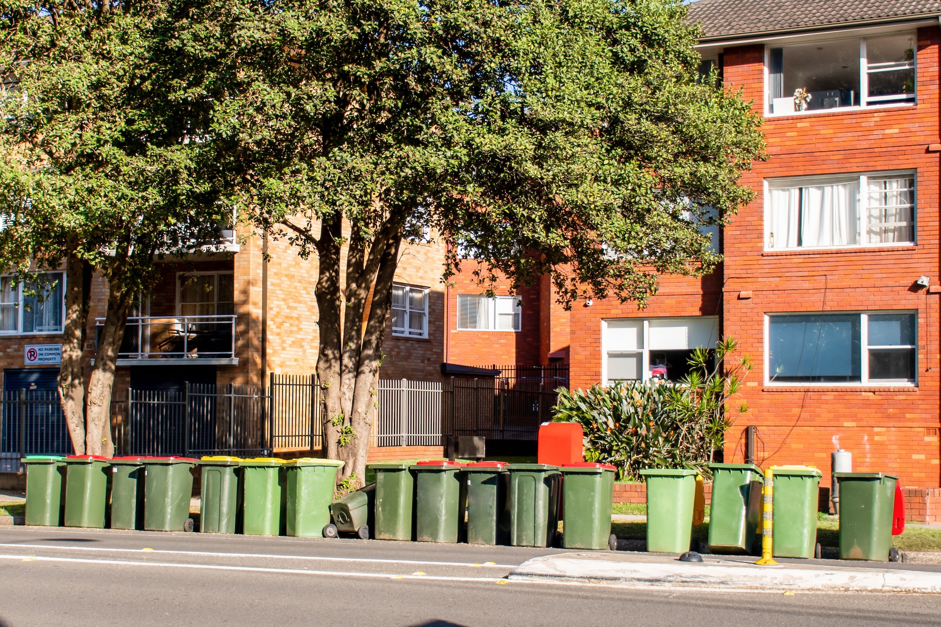 Australian garbage wheelie bins with colourful lids for general and green household waste lined up on the street kerbside for council rubbish collection